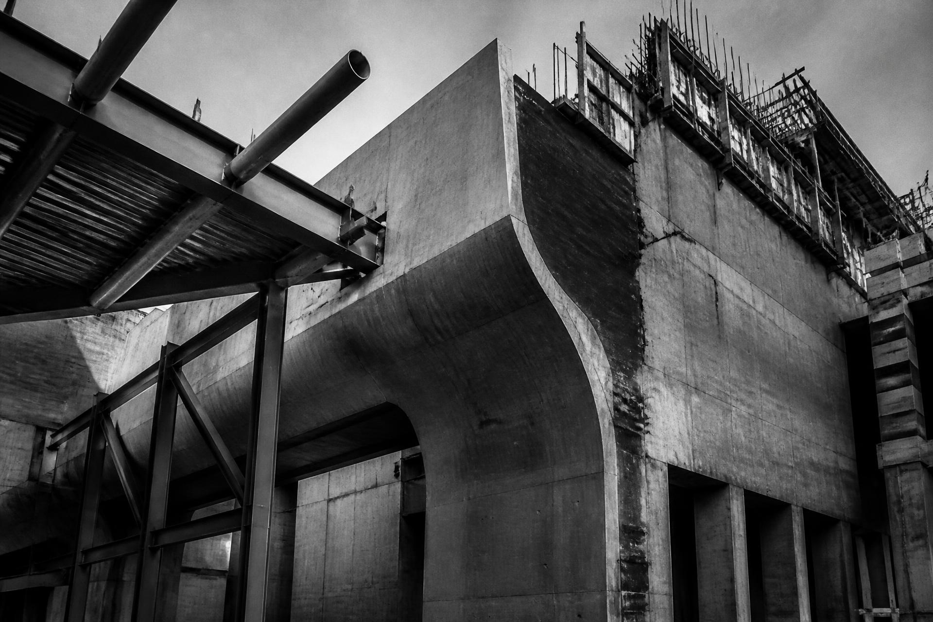 Concrete and steel structure under construction, photographed from below